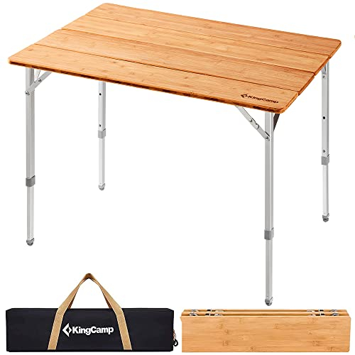 KingCamp Campingtisch Bambus Klapptisch höhenverstellbar für 4-6 Personen Campingtisch klappbar 4 Falten mit Tragetasche belastbar bis 80 kg,100 x 65 cm,L