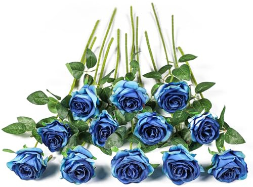 Kisflower Rosor, konstgjorda blommor, realistisk, enkel stjälk, blommor i silke, rosbukett för bröllopsfest, kontor och heminredning, 12 st (tonad blå)