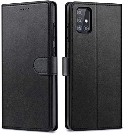 Focusor fällbart fodral för Samsung Galaxy A51 fodral läder flip fodral stativ | Svart, mobiltelefonstativ, PU plånbok skyddsfodral, kortfack, vikbart plånboksfodral, fullt ramskydd, stötsäkert, magnet