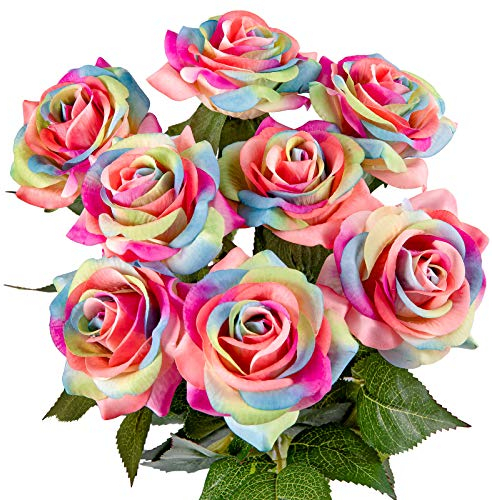 Whaline 8 Stück Künstliche Rosen Blumen Regenbogen Rosen Reale Befühlung Schaumrosen mit Stängel künstliche Seidenrosen gefälschte Blumen für DIY Blumensträuße Braut Hochzeit Party Heimdekoration