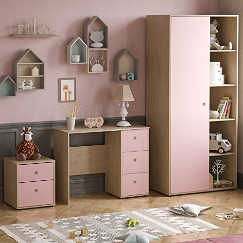 Junior Vida Neptune 3 Piece Bedroom Furniture Set 2 Drawer Bedside Table Cabinet, 3 Drawer Desk, 1 Door Wardrobe (Pink & Oak)
