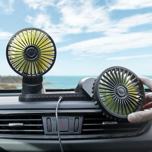 Demiawaking 12V 24V Auto Ventilator Geräuscharmer 360 Grad Rotation USB 3-Gang Geschwindigkeit Auto Lüfter Kühler für Auto SUV LKW (Doppelkopf)