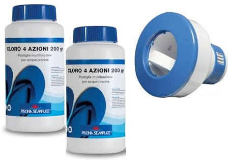 Cloro Kit Trattamento Acqua Piscina (Cloro + Dispenser Cloro), Cloro 4 Azioni 15 Pastiglie da 200gr + Dispenser Dosatore NP4013 (3, Chilogrammi)
