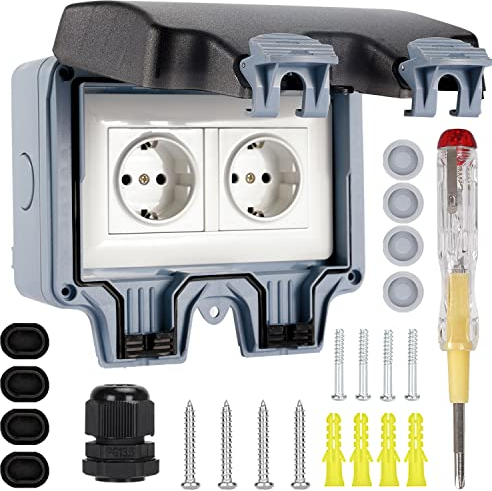 Außensteckdose Wasserdicht - IP66 Steckdose Gartensteckdose, 16A Doppelsteckdose Aufputz, Außensteckdose mit Schraubendreher, Wandsteckdose für Feuchtraum Außen