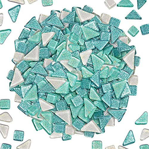 Bunte Glasmosaikfliesen 200g, Irregulär Glitzerkristall Mosaiksteine Glasstücke, Glasfliesen Glassteine für Basteln, Haus Deko(Himmelblau)