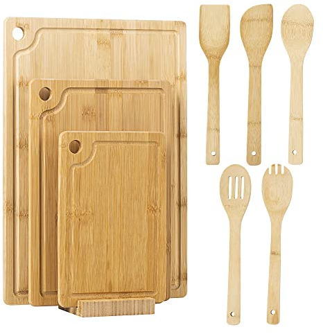 Vencier 3 x Set of Wooden Bamboo Chopping Boards + 5 Utensil & Stand - Different Sizes for Every Occasion - Durable & Hard Wearing Designed - 100% Natural Organic Bamboo Cutting Boards