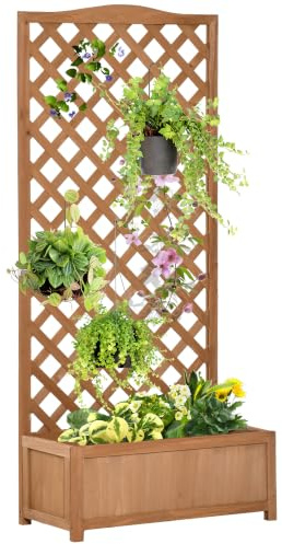 Outsunny Jardinera con Enrejado Soporte Trepadora 76x36x170 cm Marrón | Madera Maciza, Arriate Macetero, para Cultivos Plantas Flores, Balcón Terraza Jardín Exterior