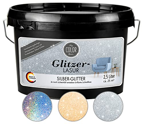 My COLOR Room Vernice glitterata (2500 ml, argento) trasparente per decorazione da parete con effetto glitter per interni, finitura decorativa, made in Germany