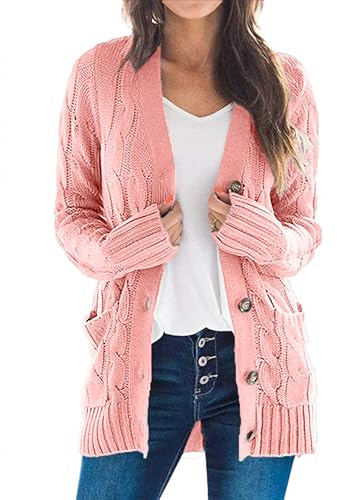 Uusollecy Cardigan Donna Lungo in Maglia Grossa Stile Casual con Bottoni Cardigan Donna Invernale per Autunno,Rosa,S