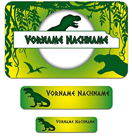 50 x personalisierte Namensaufkleber Sticker mit Wunschname Klebeetiketten zum Markieren Stifte Hefte mit Kinder Name Schule Kindergarten Aufkleber Set (01 Dinos)