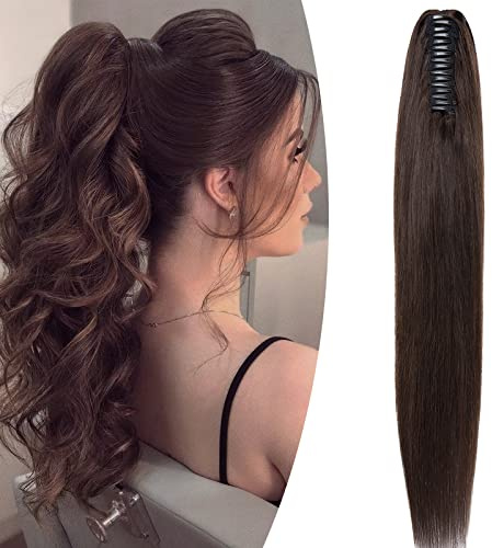 SEGO Ponytail Haarteil Echthaar Zopf Extension mit Klammer Clip in Pferdeschwanz Haarverlängerung 100% Remy Haar Hair Piece glatt 18(45cm)-115g Dunkelbraun#2