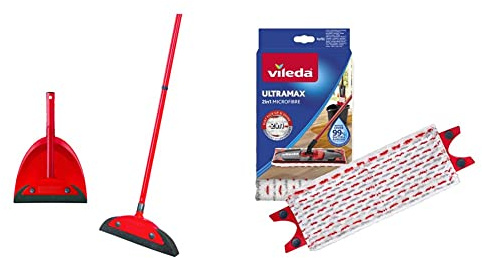 Vileda Superfeger Classic Besen mit 3-TLG Stiel und Superfeger Classic Kehrset & Ultramax Bodenwischer Ersatzbezug, Wischmopp Bezug Ultramat_Ultramax aus Mikrofasern, für alle Hartböden