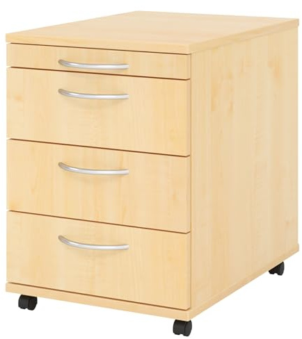 bümö Basic Rollcontainer mit Schubladen, Container aus Holz in Ahorn - Rollwagen für's Büro als Schreibtisch Unterschrank, Bürocontainer od. Schreibtischcontainer mit Bogengriffe