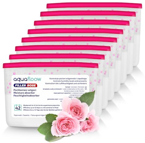 Aquafloow Assorbitore di Umidità per Ambienti 400 ml, Riduce l'umidità, 8 Pezzi ROSE | Neutralizzatore di Odori, Deumidificatore per Cucina, Armadio, Bagno e Studio
