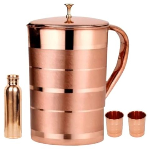 jewellary hub - Jarra de agua de cobre puro con 2 vasos de cobre con 01 botella de cobre | Jarra, botella y vasos de cobre para beneficios para la salud Ayurveda (cobre, 2.0 L (67.6 onzas líquidas)
