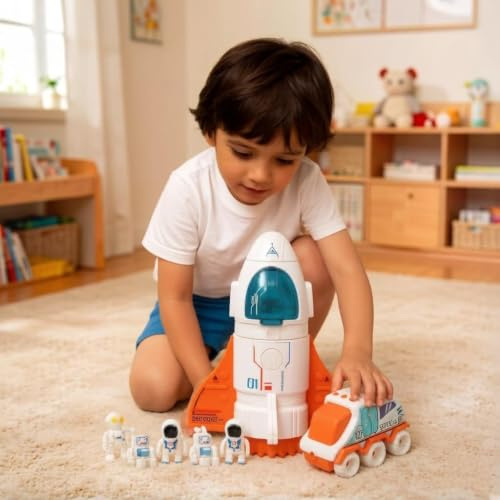 Spaceship Toy for Boys,Space Shuttle Toys with Spray Exhaust,Lights&Sound | Space Shuttle Toys including 3 Astronauts Figure&Space Rover,Space Playset with Openable Cockpit Spaceship (Orange)