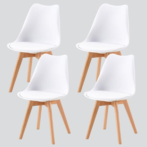 U2PICK Set of 4 Dining Chair Beech Wooden Legs with Cushioned Pad Upholstered Seat Retro Lounge Side Chairs for Mid Century Modern Office Dining Kitchen White