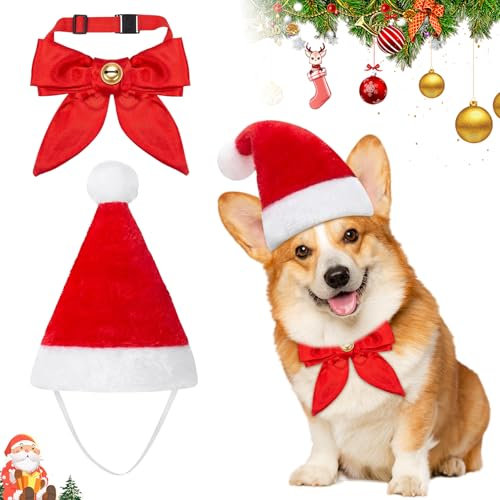 Weihnachten Katzenkostüm Hundekostüm, Haustier Weihnachtskostüm mit Weihnachtsmütze, Fliege und Weihnachtsschal, Weihnachtskleidung Zubehör Haustier Set für Katzen Hunde (B)