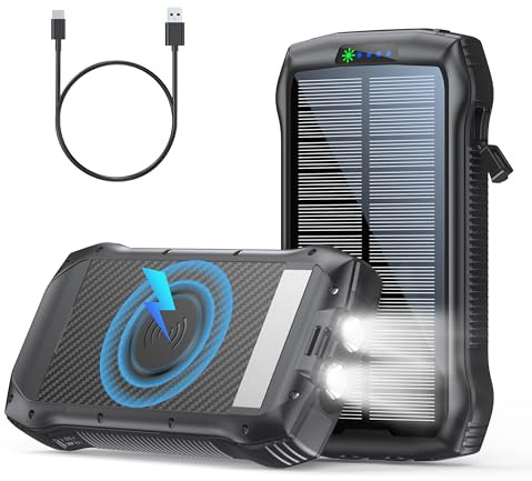 MOSKIZ Solar Charger Power Bank, 40000mAh Wireless Portable Charger QC3.0 PD 20W Fast Charging with USB-C in/Output, External Battery Pack with Dual Flashlights Hiking Camping Essential