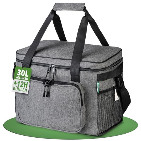 COTTARA® Faltbare Kühltasche groß 30L wasserdicht +12h Frische extra stark isolierte Kühltasche faltbar – Kühlbox, Cooler bag, Lunch bag, Isoliertasche, Thermotasche Picknicktasche – Grau