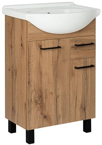 VBChome Badrumsset 55 cm med keramiskt tvättställ, underskåp med 2 dörrar och låda – traditionell design med svarta metallhandtag