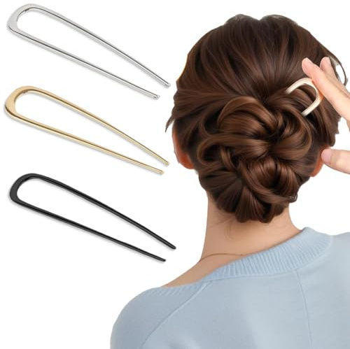 ZILZUFA Set da 3 Pezzi Forcine per Capelli a Forma di U Metalliche, French Hair Pin per Chignon e Acconciature, Forcine per Capelli Grandi in Oro, Argento e Nero
