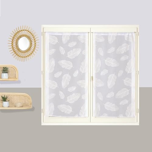 Atout Ciel Paire de Voilages Imprimés Feuilles, avec Passe-Tringle prêts à Poser, 2X 60x90cm, Blanc