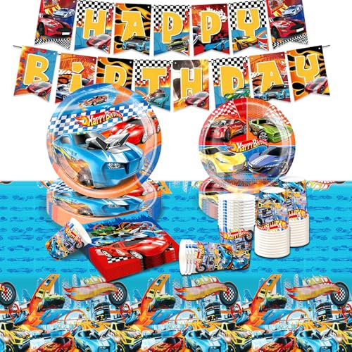 Geburtstagsdeko Partygeschirr Set- 62Pcs Geburtstag Geschirr Tableware Kindergeburtstag Teller Partyzubehör mit Servietten Tischdecke Pappbecher Pappteller Banner Kinder Party Supplies Deko