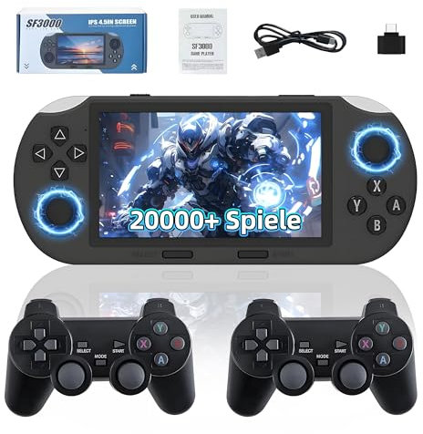 SF3000 Handheld Videospielkonsole 64G Set, Tragbare Retro Spielkonsole mit 20000+ Retro Spielen, 14+ Emulatoren, mit 2 kabellosen Controllern, 4,5 Zoll IPS Bildschirm, 3000mAh Akku (Grau)