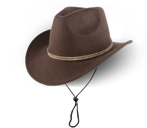 XURUIAU Unisex-Cowboyhut mit Riemen, Filzhut mit breiter Krempe für den Outdoor-Western-Stil, ideal für Männer und Frauen, Cowboyhut-Zubehör, Kaffee