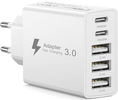 Chargeur USB C 50W, 5 Ports Multi Prise Secteur USB C Chargeur Type C | Charge Rapide Multiprise USB Adaptateur Secteur Charger pour iPhone 17 16 15 14 Pro Max Plus Mini XS XR 8/iPad/Samsung Galaxy