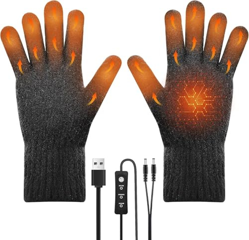 USB Beheizte Handschuhe für Damen Herren, Winterhandschuhe Elektrische Beheizbare Handschuhe Touchscreen Warme Strickhandschuhe mit 3 Einstellbarer Temperatur für Innenbereich Außenbereich
