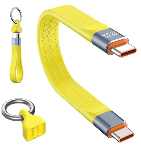 AOOSU Kort USB C-kabel 13 cm, bärbar nyckelring design, 240 W typ C hane till hane 40 Gbps snabbladdning dataöverföring flexibel kabel FPC för iPad telefoner surfplatta enhet - gul