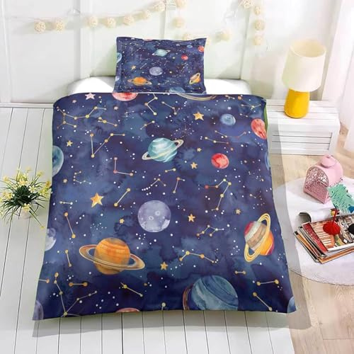 Odot Set di Biancheria da Letto per Camera dei Bambini, Set Copripiumino Singolo, Motivo Pianeta 3D Biancheria da Letto in Microfibra con 1 Copripiumini + 1 Federa (Costellazione,140x200cm)