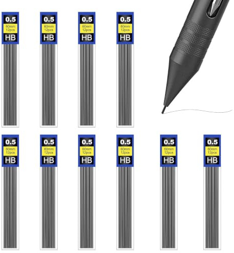 Funver 120Pcs HB Pencil Lead Refills 0.5mm, Pencil Refill 0.5 Hi-Polymer Break-Resistant Resin Leads in 10 Tubes, Smooth Writing Painting 0.5mm Pencil Lead Refills for Automatic Drafting Pencils