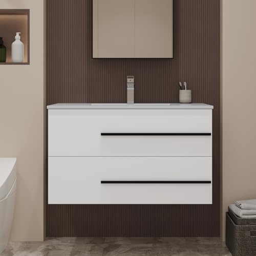 LDarqeer Waschbecken mit Unterschrank 90 cm breit, Waschbeckenunterschrank, Badmöbel Set für Gäste-WC, Hängender Waschtisch mit Keramikwaschbecken, Weiß Hochglanz Badmöbel mit 2 Soft-Close-Schubladen