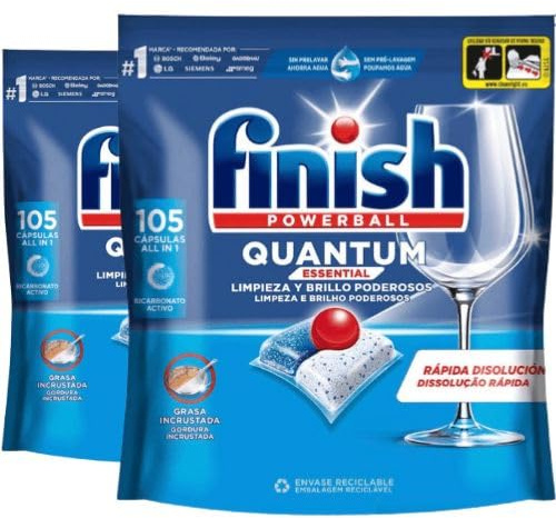 Finish Quantum Essential Cápsulas Lavavajillas 210 Unidades (2x105) | Pack Ahorro Detergente Lavavajillas | Limpieza Profunda y Brillo