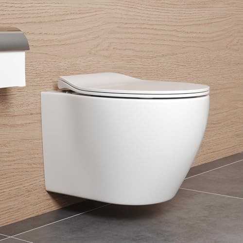 Wand WC Keramik Hänge Toilette mit Absenkautomatik, Geräuscharmem Sitz & Glatter Keramikoberfläche D-Form Design Kompakte 51,5cm Spülrandloses Hängetoilette für Gästebad