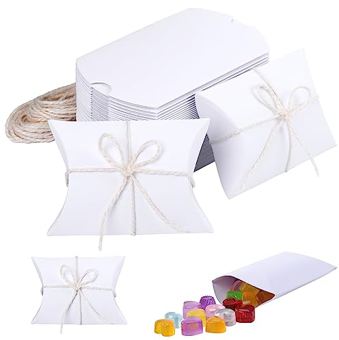 HSEAMALL 50 Stück Kissenschachtel Geschenkbox Hochzeit Süßigkeiten Box Weihnachten Geschenkbox kleine Gastgeschenke für Geburtstag Party Geschenkboxen Taufe,Weiß