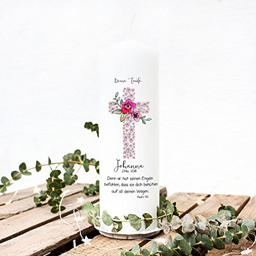 Taufkerze Kerze zur Taufe oder Geburt Kommunionkerze Kreuz rosa mit Blumen Spruch Wunschname & Datum wk38 ilka parey wandtattoo-welt®