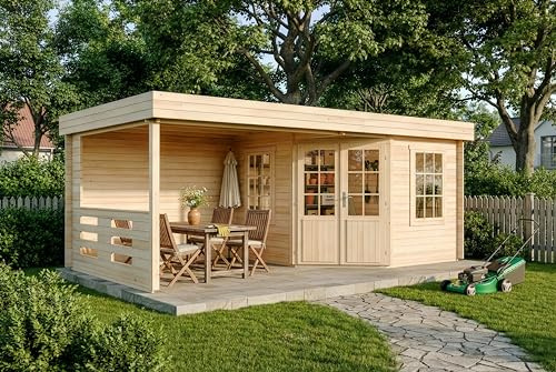 Alpholz Gartenhaus Hanna-40 aus naturbelassenem Holz 598 x 302 cm, mit 40 mm Wandstärke und Flachdach
