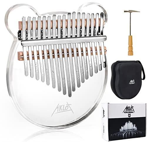 AKLOT Kalimba 17 llaves Transparente Acrílico Panda Piano de pulgar Nota Piano de dedo de inicio tallado con estuche Kalimba Tune Hammer Study Booklet Stickers