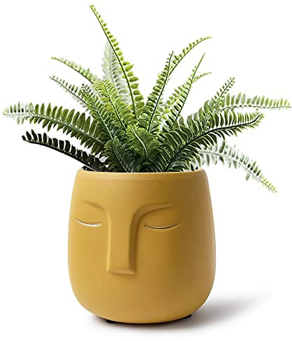 GeLive Head Succulent Plant Pot Ceramic Face Planter Modern Statue Flower Vase Windowsill Box with Drainage Hole Home Decoration Indoor Outdoor Container Gold Eyes (Clay Yellow)