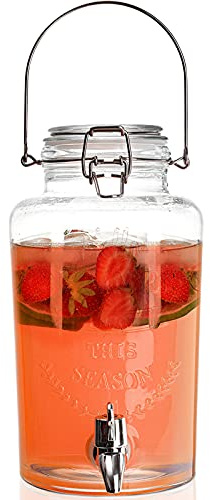 DEAYOU Glass Beverage Dispenser with Spigot, Cold Drink Ice Tea Dispenser with Trigger Clamp Locking Lid, Glass Mason Jar Lemonade Liquid Pitcher with Spout for Party, Fridge, Juice, Beer, 0.8 Gallon