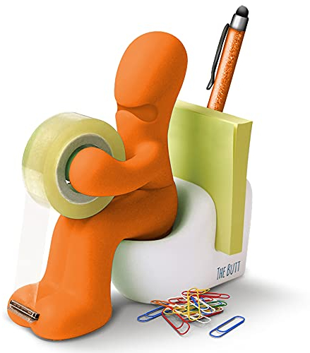 Butt Supplies - Orange - Klebefilm-Abroller und Bürobedarf-Station - Schreibtisch-Accessoire - Origineller Schreibtisch-Organizer mit Briefklammern, Haftnotizzetteln und einem Stift - Ein