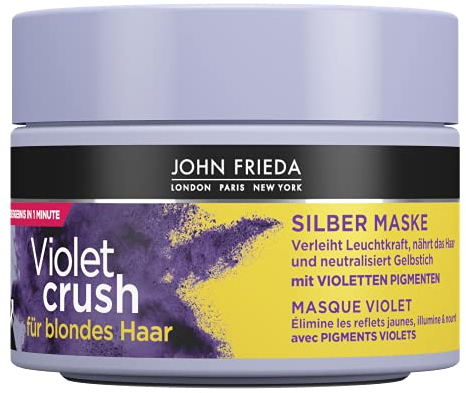 John Frieda Violet Crush - Mascarilla de plata para cabello rubio, 250 ml, neutraliza el tinte amarillo, repara el daño del cabello