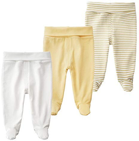 BINIDUCKLING Pantalones para bebés recién nacidos con pies - Pantalones de cintura alta con pies 0-12 meses, paquete de 3, amarillo, 0-3 meses