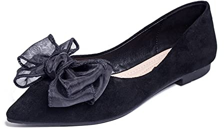 MACHSWON Womens Ballet Flats Pointed Toe Bow Faux Suede Ladies Black Slip On Ballet Pumps Dolly Shoes