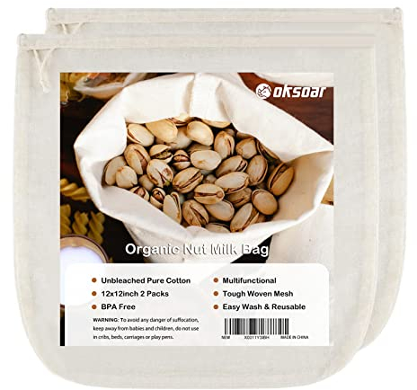 Nut Milk Bags for Sifting, Reusable (2-Pack), Organic Cheesecloth, Nut Milk Bag Strainer, 100% Unbleached, Natural Pure Cotton, Nut Bag Strainer for Sieving 12x12