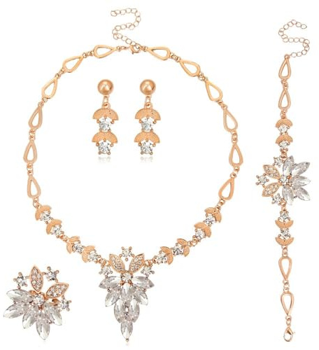 TTPSRY 4 Stück Blumenblatt Schmuckset Kristall Halskette Armband Ohrringe Ring Damen Schmuck Hochwertig Elegant Luxuriös Juwelenkollektion